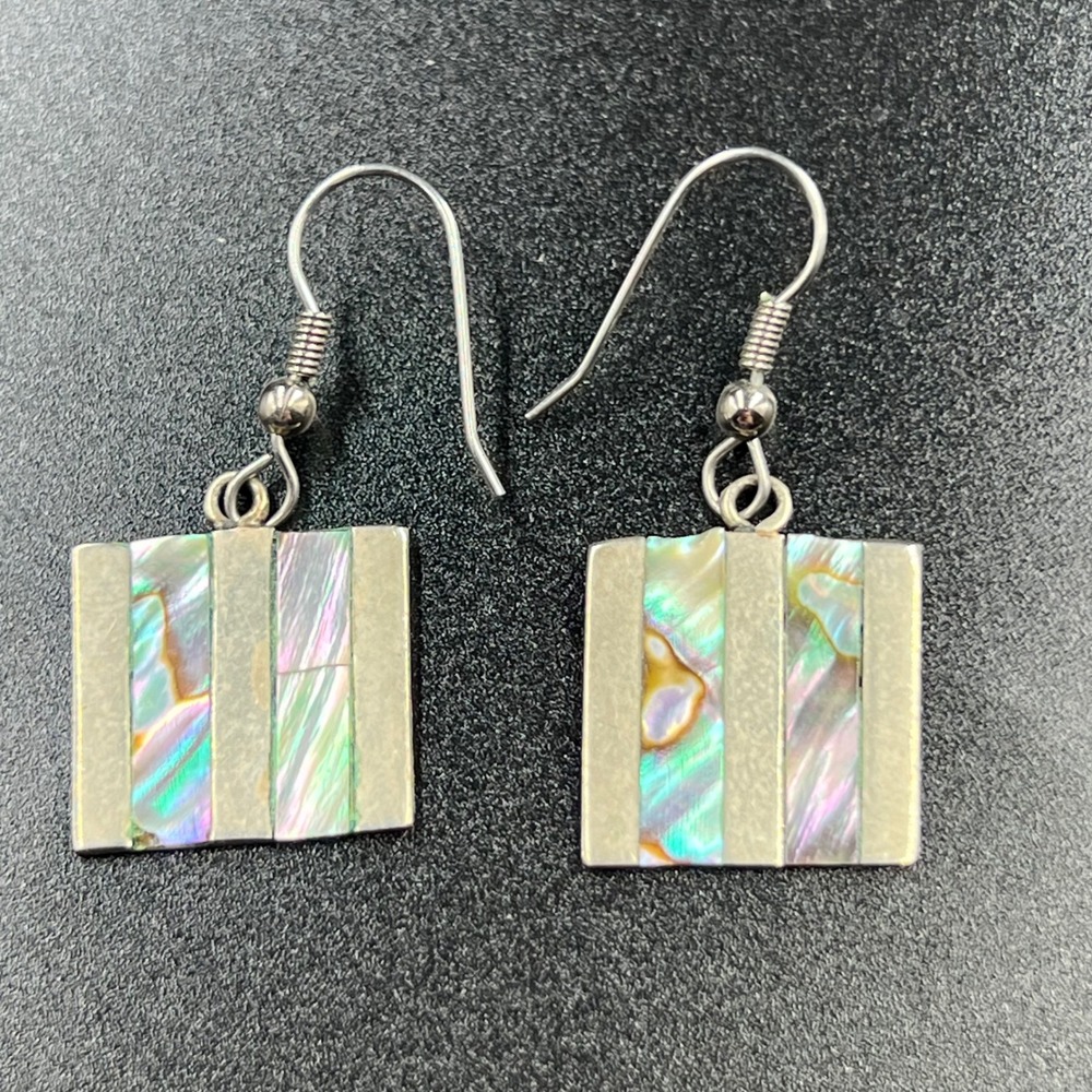 Vintage Mexico Abalone Earrings Sterling Silver Square Dangle Boho Jewelry